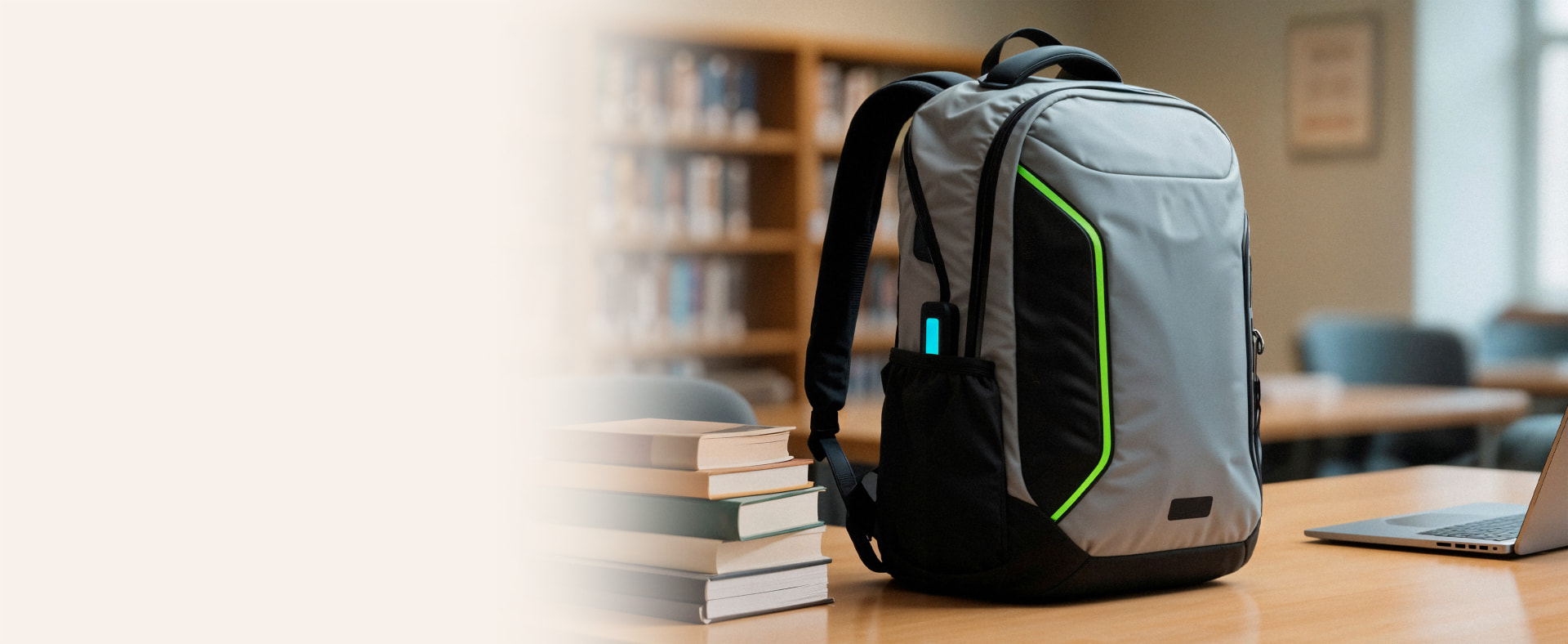 Branded laptop backpack on a library table, corporate gifting